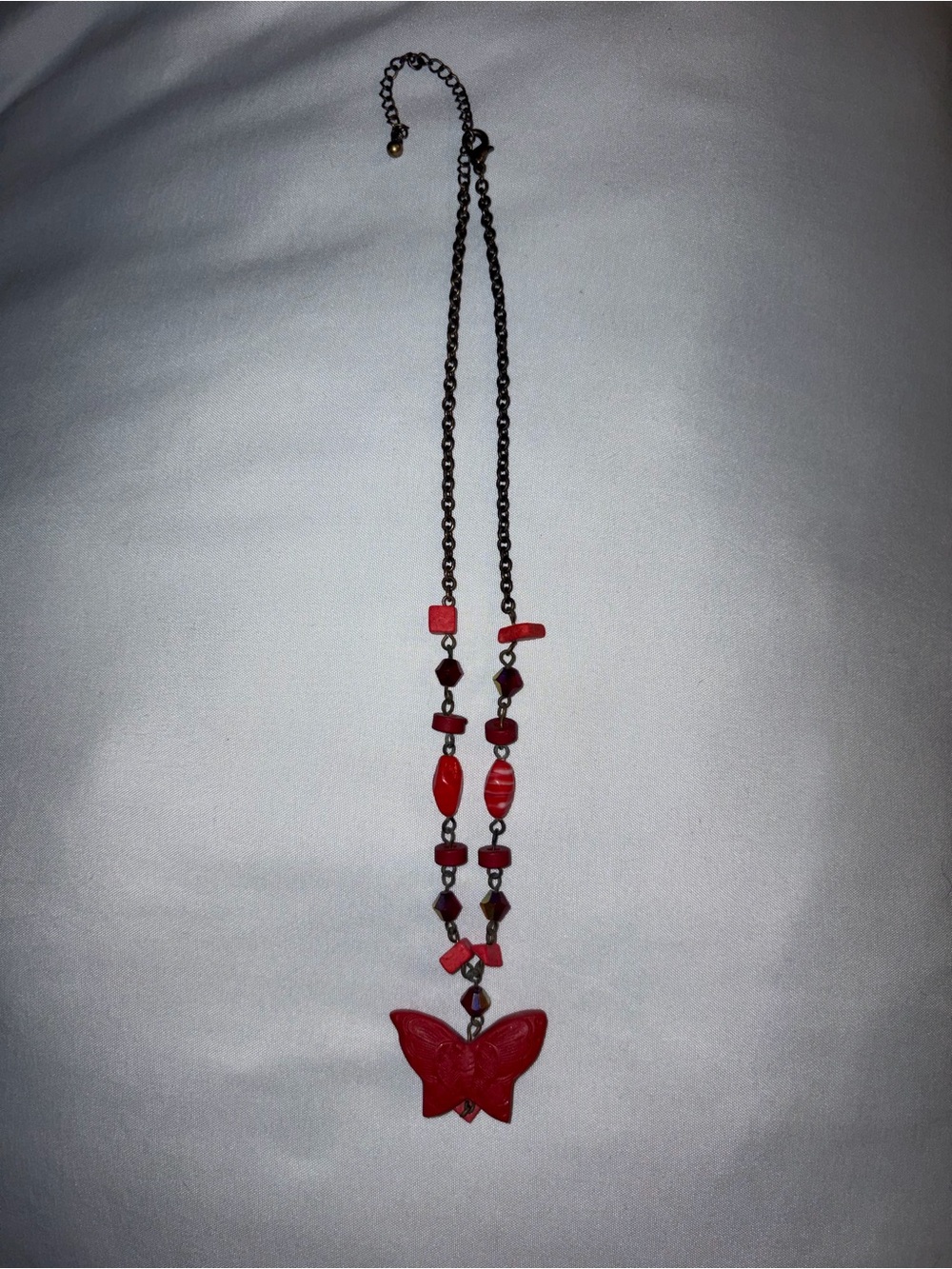 Red Butterfly Pendant Necklace Beaded Chain Boho Statement Jewelry